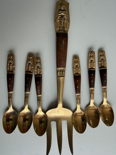 Vintage Thai Nickel Bronze & Rosewood 7-Piece Dessert Serving Set - 6 Spoons & Fork