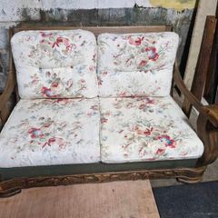 Solid Teak two seater bench with pair of matching cushions.