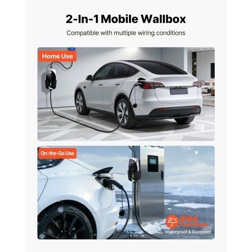 Mobile Wallbox, 7.4 kW 32A, Type 2 Portable EV Charger, Single Phase Electric Vehicle Car Charger with 6 m Charging Cable, CEE Plug, LCD Screen, Adjustable EV Charging Station, IP66 Control Box