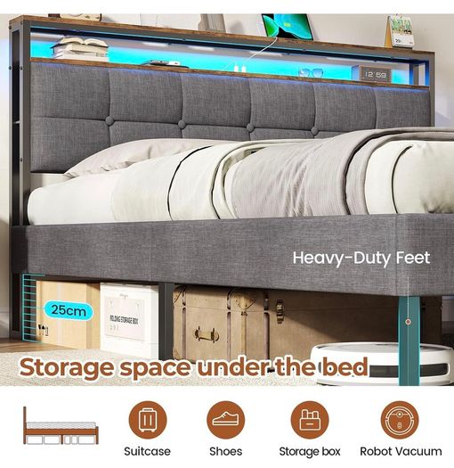 King Size Bed Frame 150x200 with Storage Upholstered Bed Frame with LED Lights & Charging Station Upholstered Storage Headboard/Under Bed Storage Noise Free