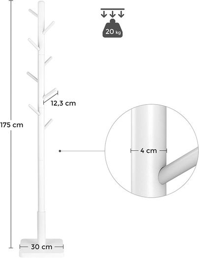 coat stand, clothes stand, solid wood, free-standing, tree shape, 8 hooks for jackets, hats, bags, entrance area, hallway, hooks and handrail made of rubber wood, white