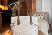 Michael Kors Tote Bag - Like New - Vanilla MK Logo &amp; Tan Leather - Large