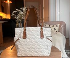 Michael Kors Tote Bag - Like New - Vanilla MK Logo & Tan Leather - Large