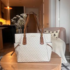 Michael Kors Tote Bag - Like New - Vanilla MK Logo & Tan Leather - Large