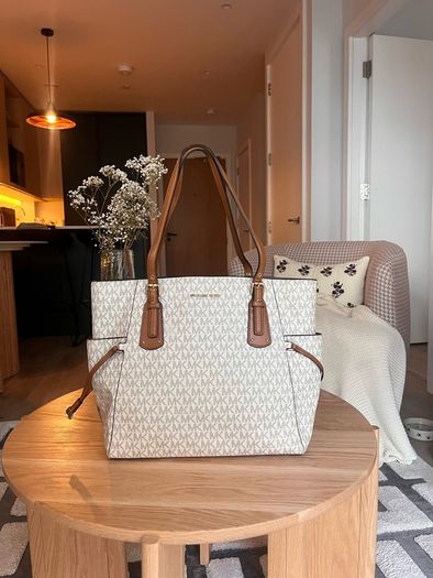Michael Kors Tote Bag - Like New - Vanilla MK Logo & Tan Leather - Large