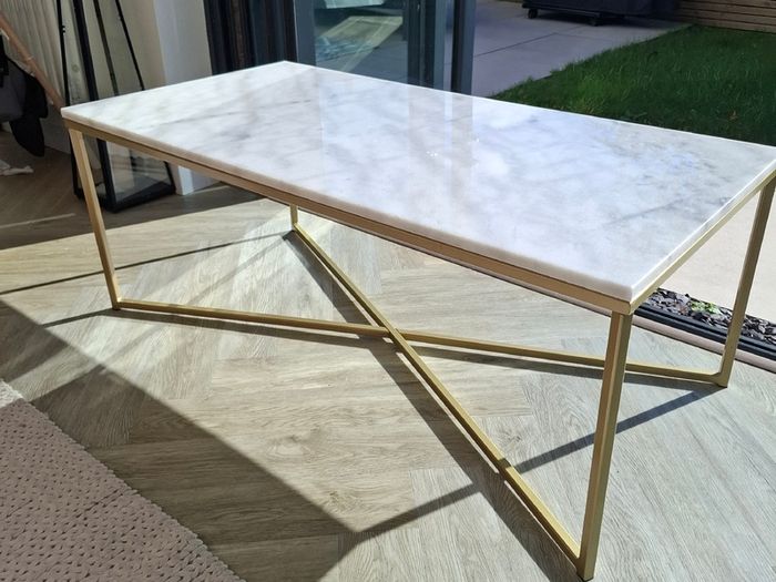 Large Solid White Marble Coffee Table Brushed Gold Base