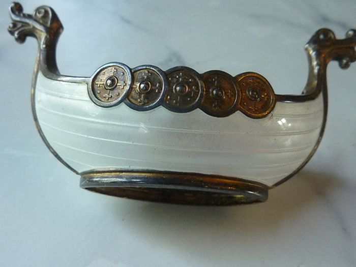 Theodor Olsens Eftf Norway Sterling Enamel Viking Ship Salt Cellar with NM Thune Enamelled Silver Spoon