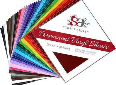 Scraft Artise Permanent Vinyl 40 Pack, 2 Sheets of each Assorted Colour, 18 Matte and 2 Gloss, 12 inches X 12 inches Adhesive Backed