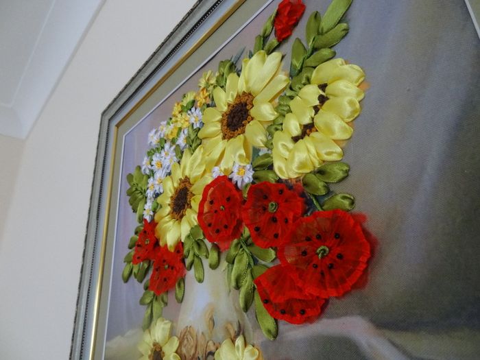 Hand made Sunflowers poppy 3D ribbon embroidery painting framed