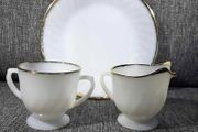 PRICE DROP ... Vintage Fire King White Swirl Creamer, Sugar Bowl and Cake Plate Set with Gold Trim, Opaque White Milk Glass. 1950s
