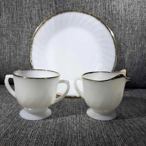 PRICE DROP ... Vintage Fire King White Swirl Creamer, Sugar Bowl and Cake Plate Set with Gold Trim, Opaque White Milk Glass. 1950s