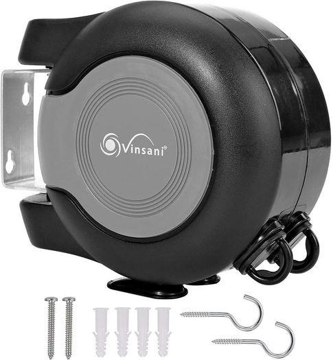 30 metre Retractable Reel Clothes Lines Washing Line with Twin Cable - Wall Mounted Heavy Duty Clothes Dryer 2 x 15m Lines of Drying Space, Black