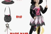 Dazzling Kids Witch Dress with Hat, Wand, and Candy Bag for 7-9 and 5-6 Years old