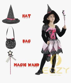 Dazzling Kids Witch Dress with Hat, Wand, and Candy Bag for 7-9 and 5-6 Years old