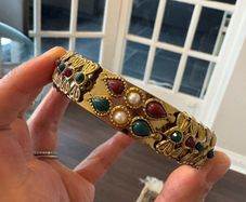 Gold Tone Statement Bracelet Red Green and Pearl Style Stones Costume Jewellery