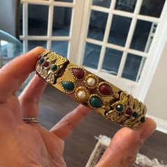 Gold Tone Statement Bracelet Red Green and Pearl Style Stones Costume Jewellery