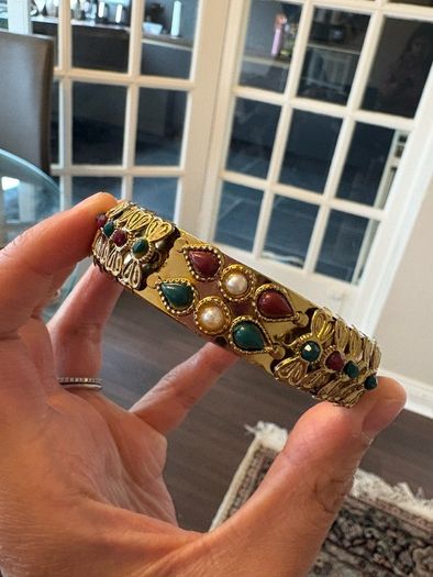 Gold Tone Statement Bracelet Red Green and Pearl Style Stones Costume Jewellery