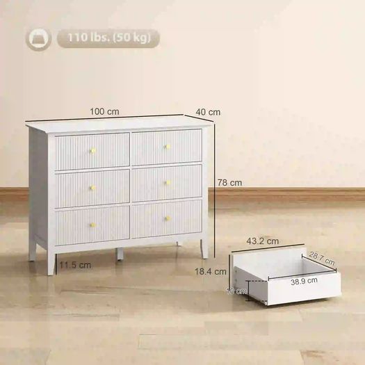 Fluted Dresser, 6 Drawer Chest of Drawers for Bedroom, Living Room, Hallway, Closet, White
