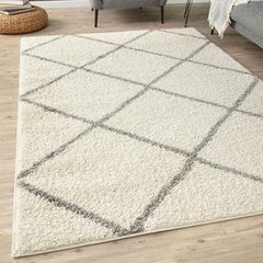 Shaggy Rug Modern Moroccan Design Rugs for Living Room, Bedroom, Hallway, 3 cm Thick Area Rugs, Diamond Ivory/Grey, 80x150cm (FREE POSTAGE)