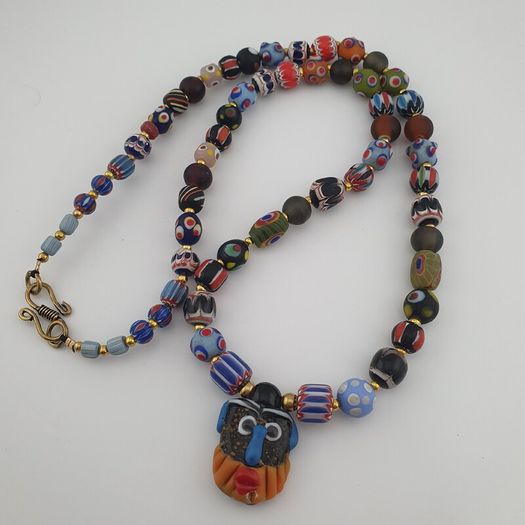 Antique Venetian Style MulitColor Mix Glass & Old Face Glass Pendant Necklace
