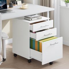 3-Drawer Filing Cabinet, Rolling File Cabinet, Office Drawer for Home Office, for A4 Documents, Hanging Files, Mobile Pedestal on 5 Wheels, White