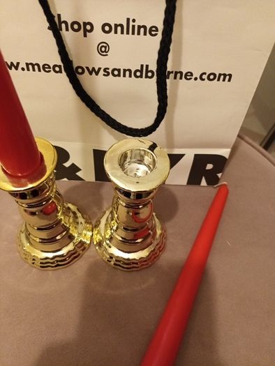 2 x gold festive Candle holders & dinner candles
