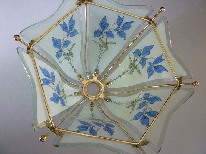 Glass Ceiling Light Shade Frosted Grey, Blue & Green, Gold Trim. SUPER CONDITION