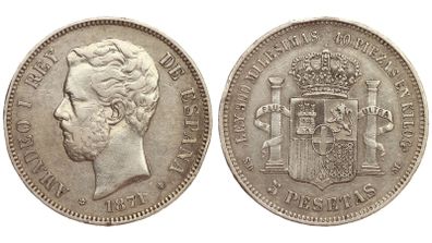 Spain 5 Pesetas 1871 (71) Silver 90%King Amadeo I