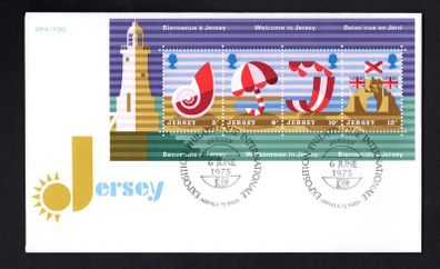 1975 Jersey: Jersey Tourism Commemorate Stamp Miniature Sheet First Day Cover (FDC) with Arphila 75 in Paris, France exhibition cancel