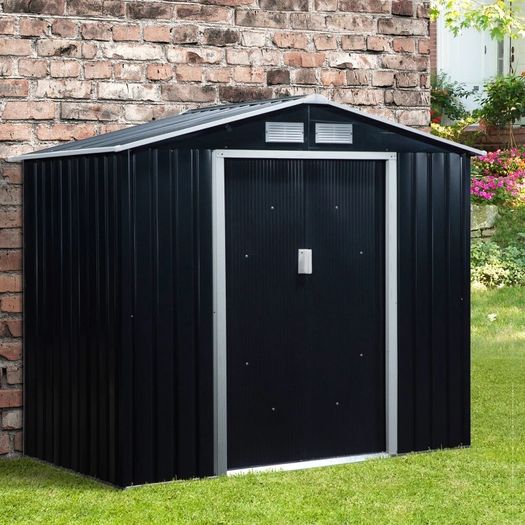 NEW SALE | 7ft x 4ft Lockable Garden Shed Large Patio Roofed Tool Metal Storage Building Foundation Sheds Box Outdoor Furniture, Dark Grey