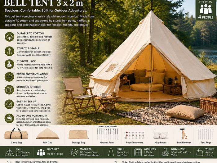 3m Bell Tent Yurt for 4 People Glamping Tent