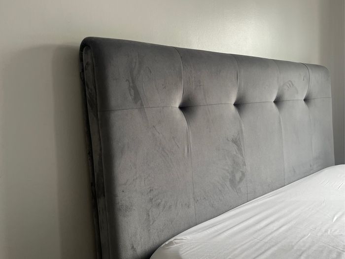 King size bed - grey suede material, high headboard