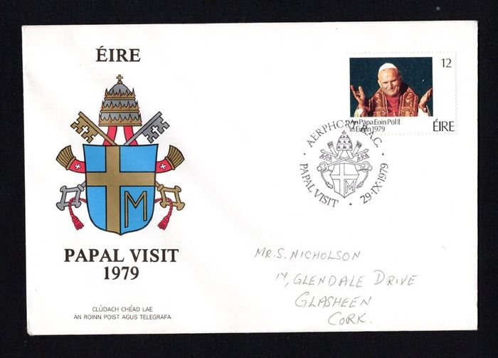 1979 Ireland Papal Visit of Ireland Commemorative Stamp P&T Addressed First Day Cover with Dublin Airport (Aerphort BAC) Pictorial Cancel