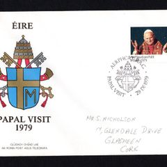 1979 Ireland Papal Visit of Ireland Commemorative Stamp P&T Addressed First Day Cover with Dublin Airport (Aerphort BAC) Pictorial Cancel