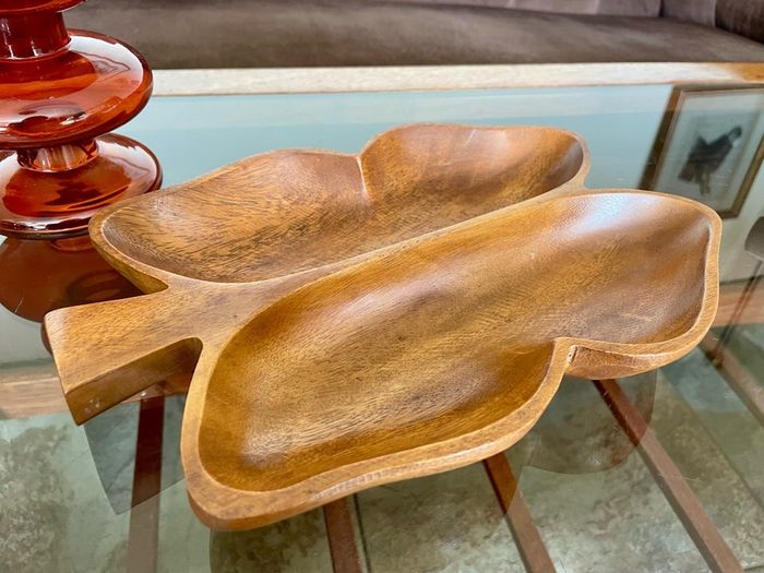 Vintage Teak Wood Serving Butterfly Leaf Shaped Bowl Two Section Tray