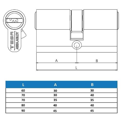 Tesa Assa Abloy 30 x 70 mm,  High Security Cylinder TX80 Double Clutch Long Cam Key Nickel-Plated