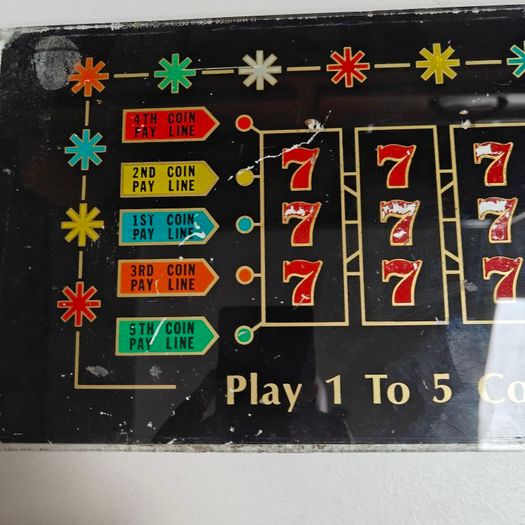 Vintage Bally Slot Machine Reel Glass Plate, Triple 7, 1 to 5 Coins, great retro colours