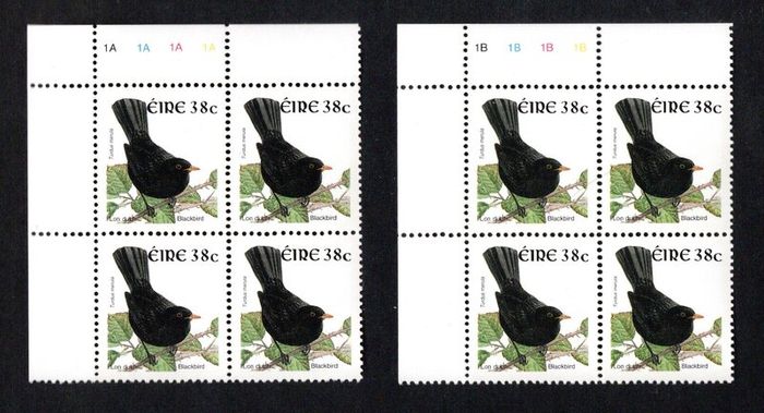 2002-04 Ireland Tenth Definitive Stamp Series Birds 38c Blackbird Plate Block 1A1A1A1A & 1B1B1B1B Mint Never Hinged (MNH)