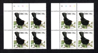 2002-04 Ireland Tenth Definitive Stamp Series Birds 38c Blackbird Plate Block 1A1A1A1A & 1B1B1B1B Mint Never Hinged (MNH)