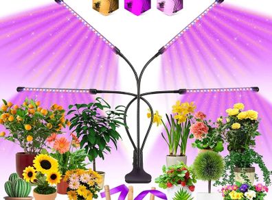 4 Heads Plant Grow Light with Remote Control, 80 LEDs Grow Lamp for Indoor Plants, 10 Dimming Level with Timer Full Spectrum Adjustable Gooseneck.
