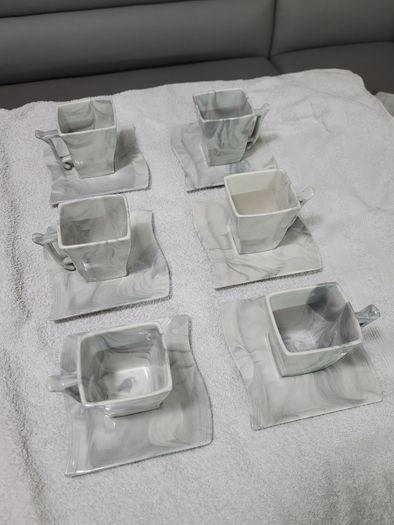Stylish Modern Porcelain China Square 55 Piece Dinner Set, Marble Grey, Dinnerware, Dinner Party Set. Plates, Cups Mugs Bowls Egg Cups