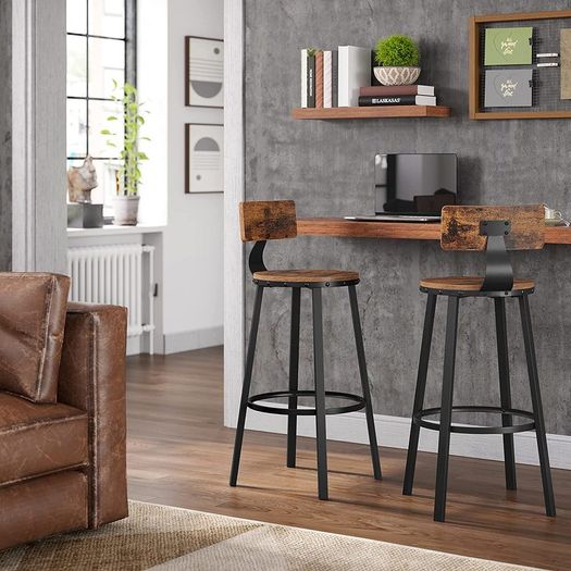 _Set of 2, Bar Chairs, High Stools, with Backrest, Kitchen Seat, Steel Frame, 73.2 cm High Seat, Easy Assembly, Industrial Style, Rustic Brown and Black