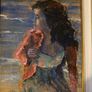 painting This is an atmospheric portrait depicting a woman standing on a coastal shore at dusk or twilight, clutching a reddish-pink wrap or cardigan around her shoulders. Image 4