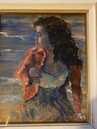 painting This is an atmospheric portrait depicting a woman standing on a coastal shore at dusk or twilight, clutching a reddish-pink wrap or cardigan around her shoulders.