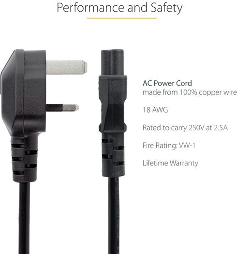 PXTNB3SUK1M 1m Laptop Power Cord - 3 Slot for UK - BS-1363 to C5 Clover Leaf Power Cable Lead, Black