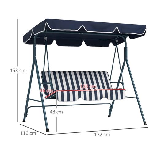 Three-Seater Garden Swing Chair, with Adjustable Canopy - Blue Stripe