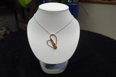 Sterling silver 925 heart pendant with multicolor amber stones and ball chain