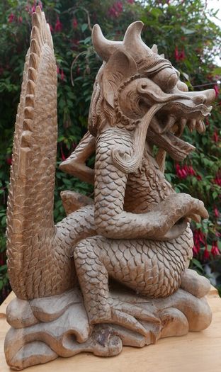 Large Beautifully Hand Carved Wooden Dragon, height 16,5 inches