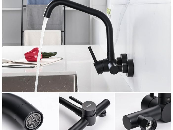 Ibergrif Kitchen Tap Wall Mounted 360 Rotation - Mixer Tap with Adjustable Mounting Hole Tap Kitchen Wall Tap Sink Black