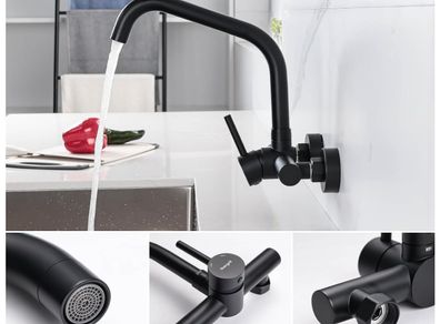 Ibergrif Kitchen Tap Wall Mounted 360 Rotation - Mixer Tap with Adjustable Mounting Hole Tap Kitchen Wall Tap Sink Black
